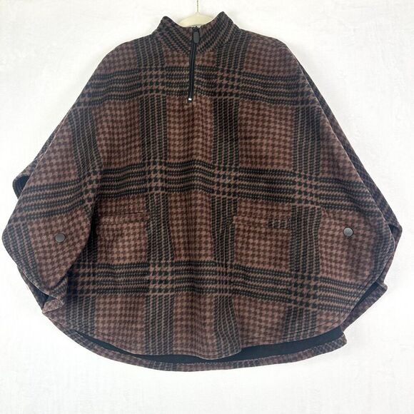 Rachel Roy Houndstooth Fleece Poncho One Size NEW 1/4 Zip Classic Glen Plaid - Picture 1 of 8